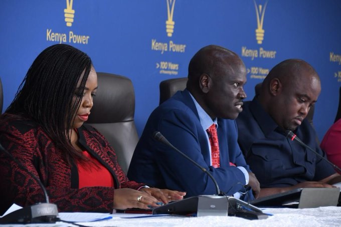 Board Chairman, Ms. Joy  Brenda Masinde (L), MD & CEO, Dr. (Eng.) Joseph Siror, and  Principal Secretary, State Department for Energy,  Alex Wachira during the recent shareholders AGM at Stima Plaza.
